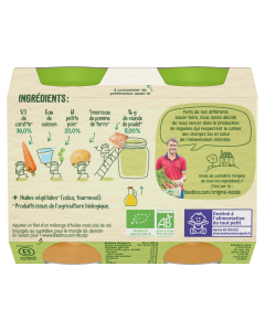 BLEDINA LES RECOLTES BIO Carottes Petits Pois Poulet Fermier 2x200g Dès 6 Mois