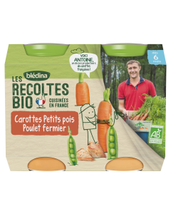 BLEDINA LES RECOLTES BIO Carottes Petits Pois Poulet Fermier 2x200g Dès 6 Mois