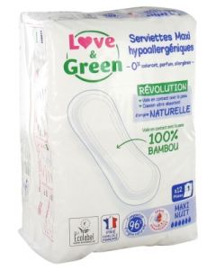 LOVE GREEN SERVIETTE HYPOALLERGENIQUE MAXI NUIT 12