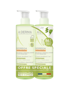 A-Derma - Exomega Control -  Gel lavant émollient anti-grattage - 2en1 Corps et Cheveux Offre spéciale duo 2X500ml