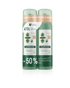 Klorane - Ortie - Shampoing sec séboréducteur à l’Ortie - Le teinté - Cheveux gras châtains à bruns - Offre spéciale duo 2X150ml