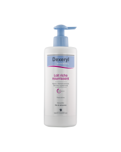 DEXERYL ESSENTIEL lait riche nourrissant 500ml, apaisant, hydratant et protecteur des peaux sèches, sans parfum. Dès la naissance.