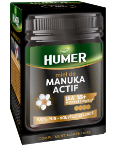 Humer  - Miel de Manuka Actif IAA® 18+ - Plus haut niveau d'activité - Minimum 696mg/kg de méthylglyoxal - 250g