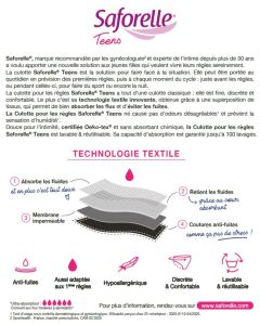 SAFORELLE TEENS TAILLE 14 ANS (XS) CULOTTE ULTRA ABSORBANTE POUR LES 1ères RÈGLES