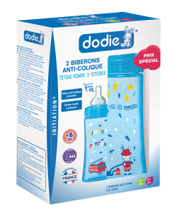 COFFRETx2 biberons Initiation+ Anti-Colique 330ml BLEU JUNGLE & HIBOU CONTEUR +6 mois tétine ronde 3 vitesses débit 3