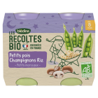 BLEDINA LES RECOLTES BIO POTS Petits Pois Champignons Riz 2x200g Dès 8 mois