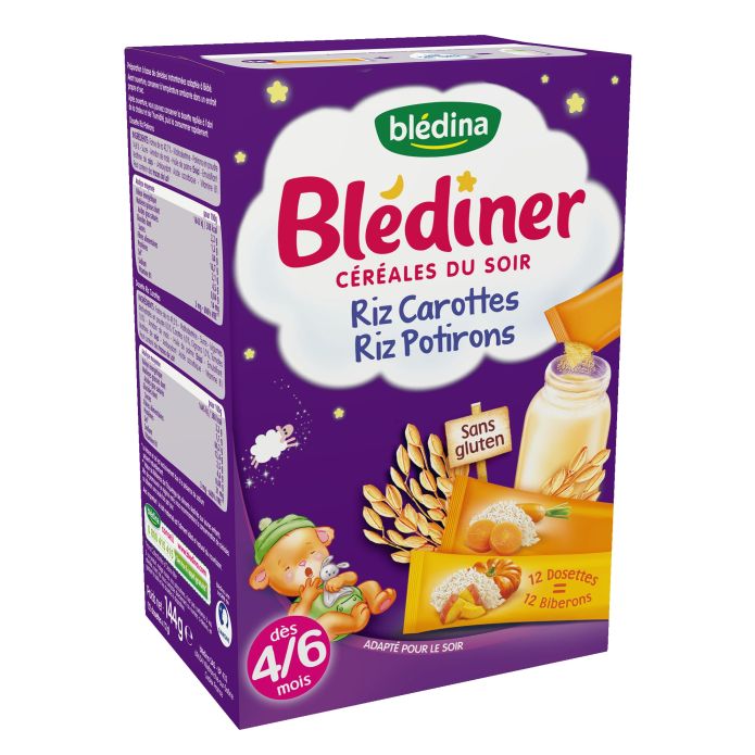 Blédina Blediner Cereales Du Soir Riz Carottes Sans Gluten Des 4 A 6 Mois  12 Dosettes